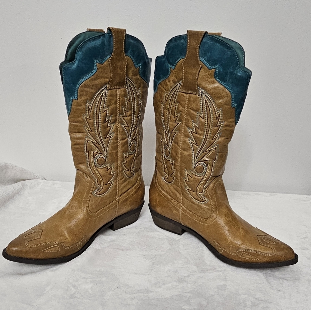 Coconuts by Matisse Cimmaron Teal Tan Color Boho Western Cowgirl Boots - Picture 11 of 16